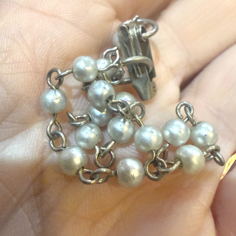 Vintage Faux Pearl Rosary Necklace Silver Tone Fold Over Clasp 15 Inch White